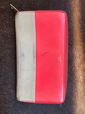 Used Celine Red and Taupe Zip Wallet